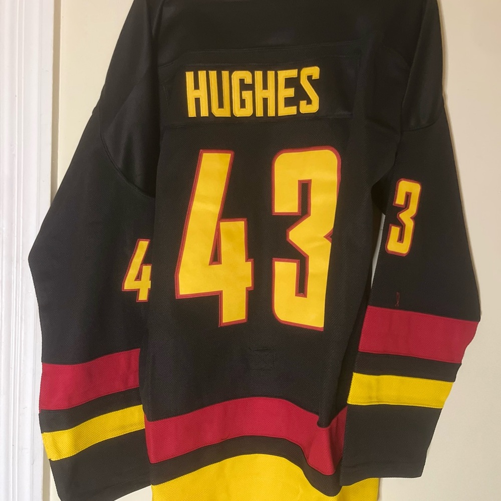 Vancouver embroidered  Hughes hockey jersey with fight strap